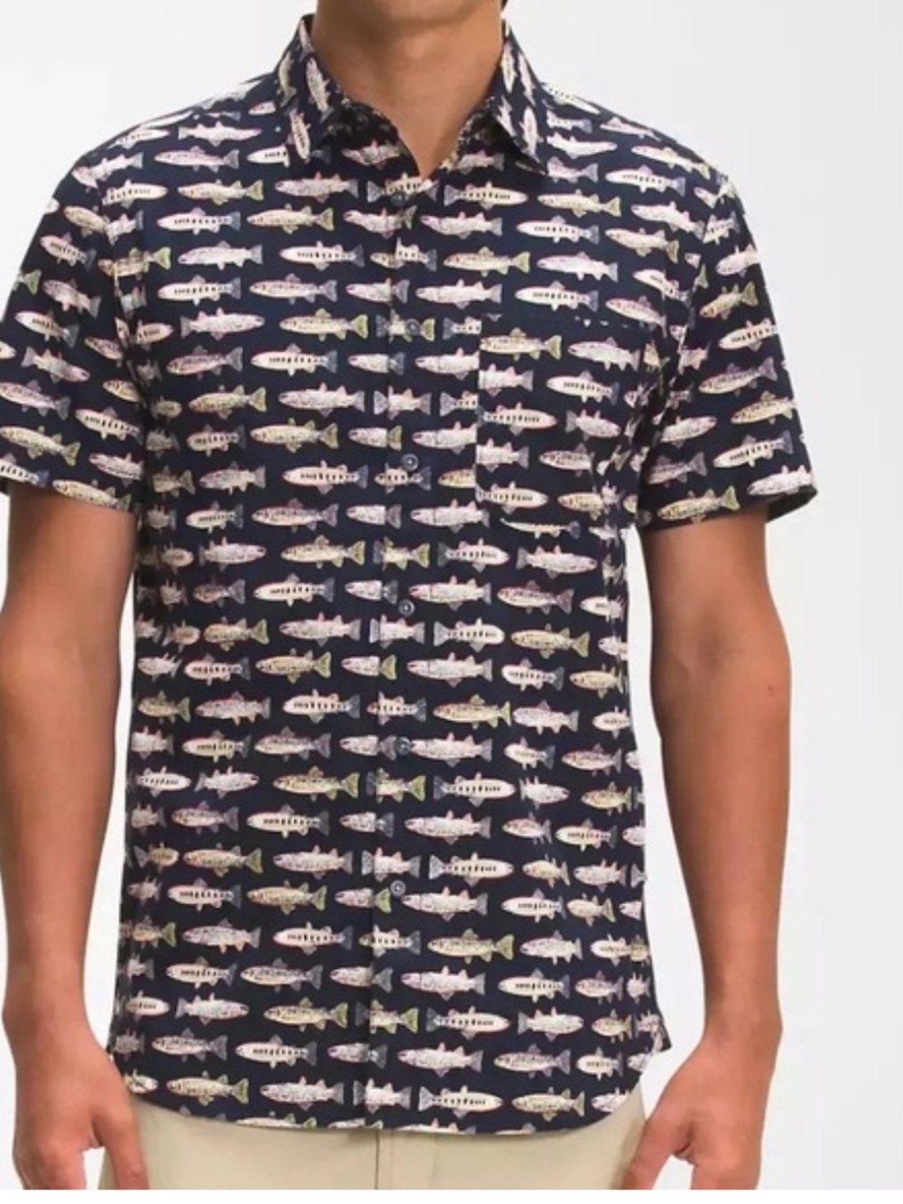 The North Face Men's Short Sleeve Baytrail Fish Pattern Shirt Size Large
